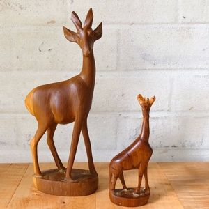 Handcarved Set of Wooden Giraffe Mother and Calf